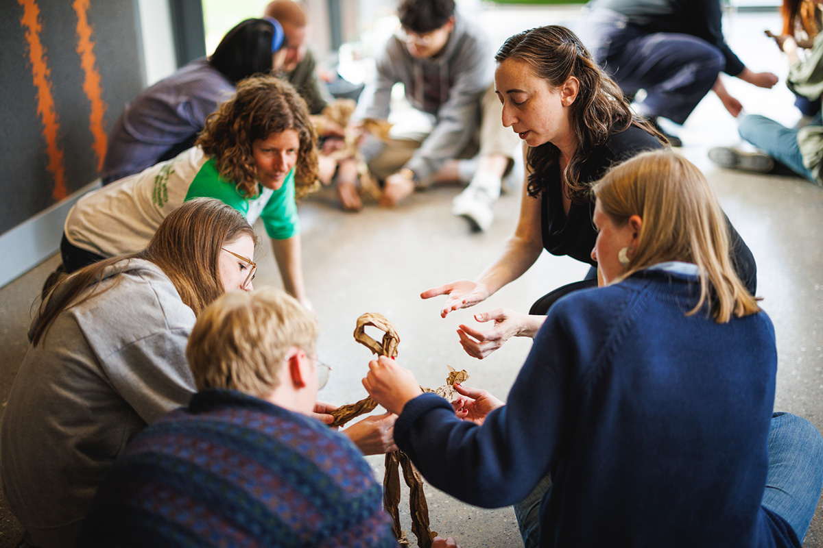 Rachel Singer (top right) facilitates a tabletop puppetry and sensory theater workshop for College students in Professor Michele Friedner (top left)’s Spring 2025 Sensory Worlds seminar (CHDV20510).